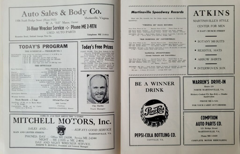 1958 NASCAR Martinsville Virginia 500 Program - Event Schedule