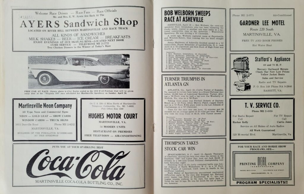 1958 NASCAR Martinsville Virginia 500 Program - Recent Results