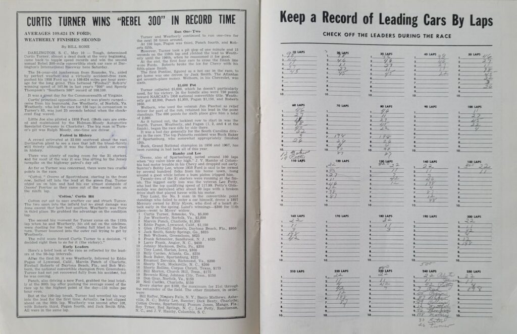 1958 NASCAR Trenton Northern 500 Program - Scoring Page