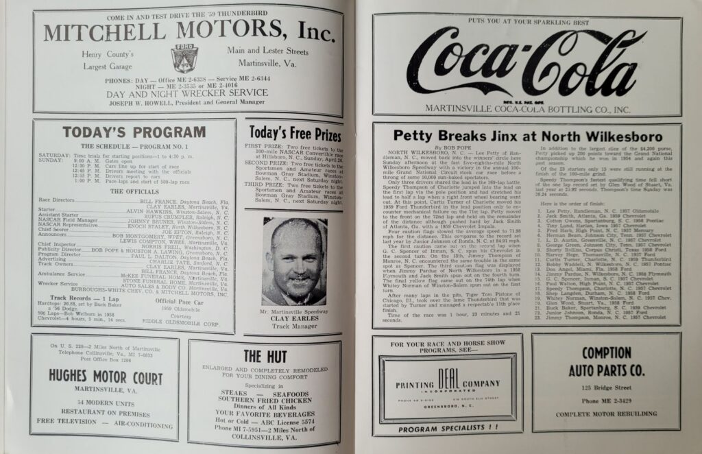 1959 NASCAR Martinsville Virginia 500 Program - Event Schedule