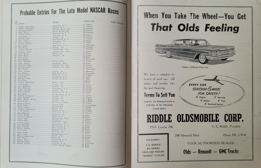 1959 NASCAR Martinsville Virginia 500 Program - Probable Entries
