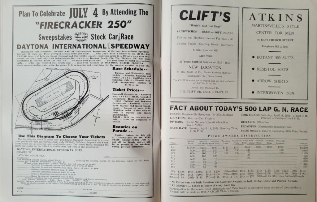 1959 NASCAR Martinsville Virginia 500 Program - Race Facts