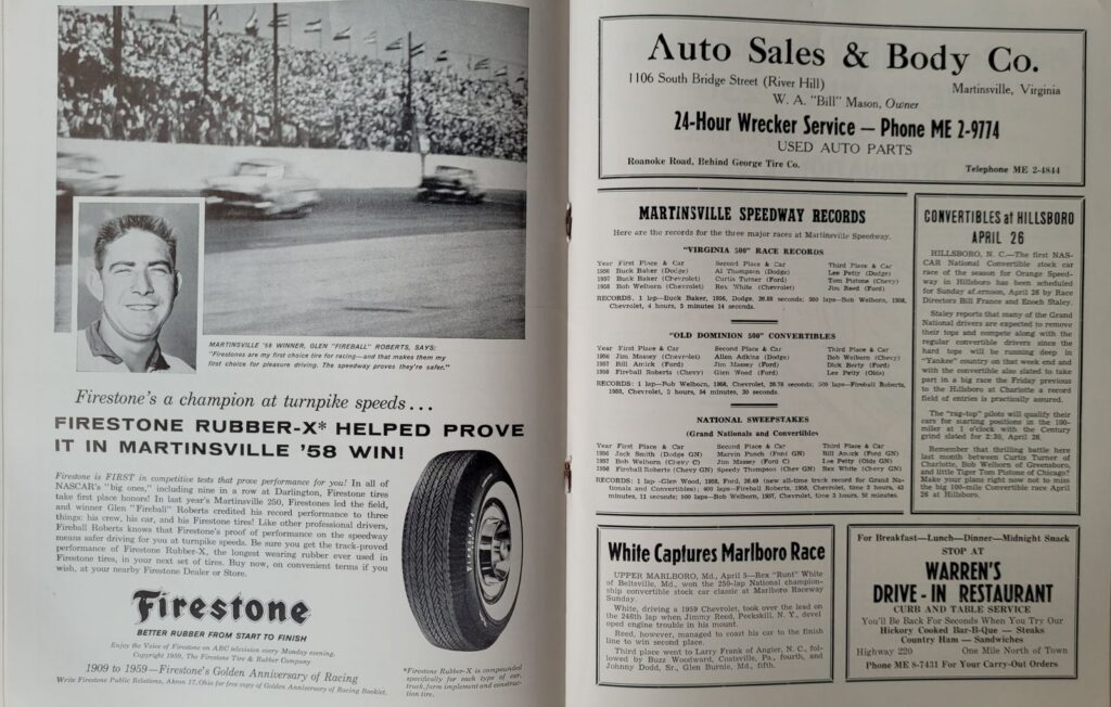 1959 NASCAR Martinsville Virginia 500 Program - Speedway Records