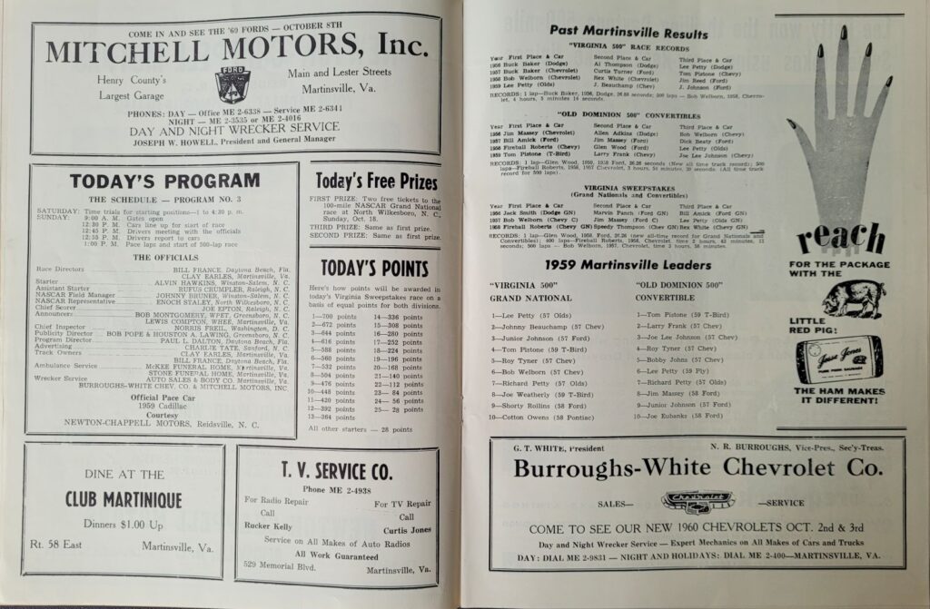 1959 NASCAR Martinsville Virginia Sweepstakes Program - Event Schedule