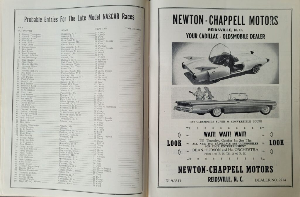 1959 NASCAR Martinsville Virginia Sweepstakes Program - Probable Entries
