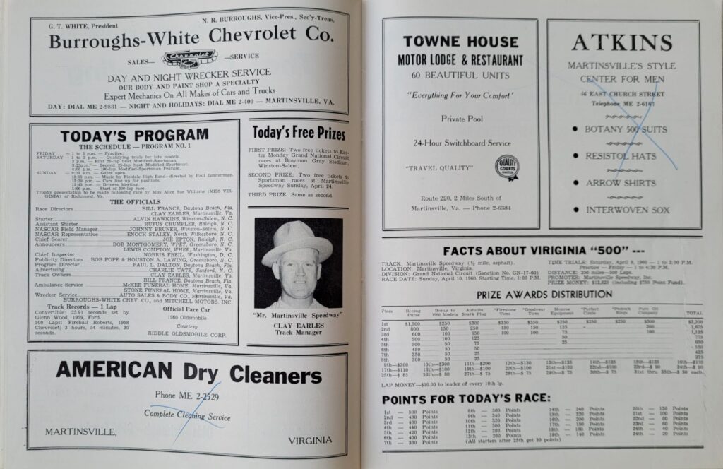 1960 NASCAR Martinsville Virginia 500 Program - Event Schedule