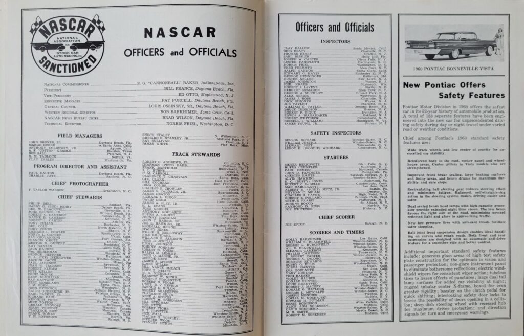 1960 NASCAR Martinsville Virginia 500 Program - NASCAR Officers and Officials