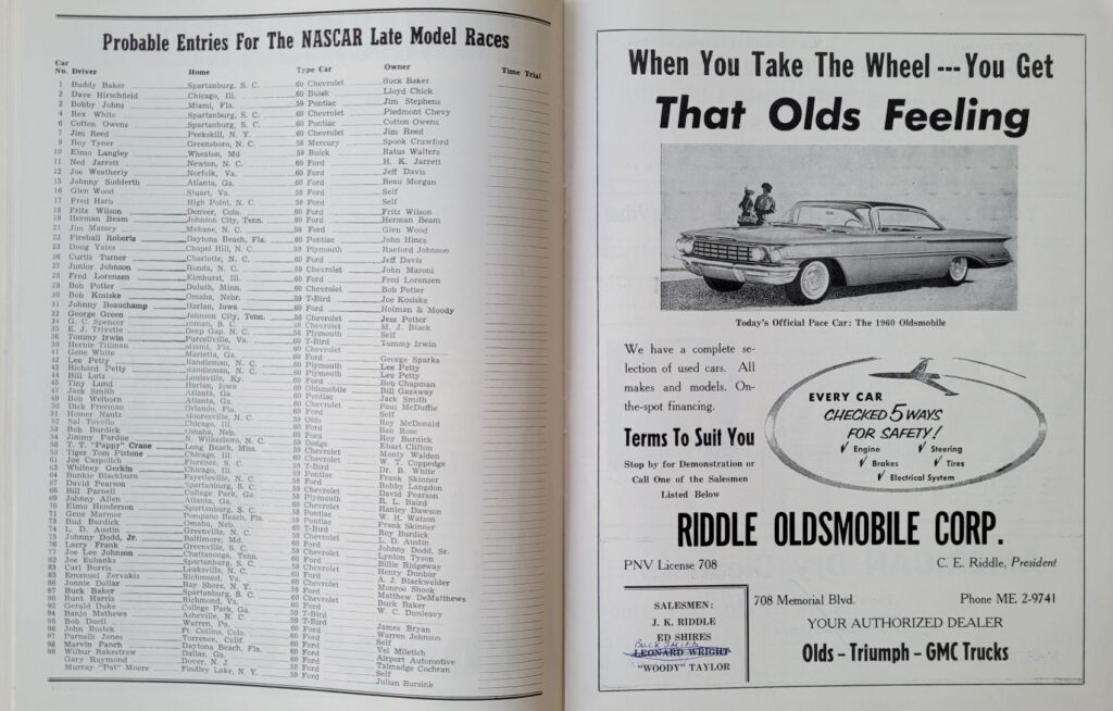 1960 NASCAR Martinsville Virginia 500 Program - Possible Entries