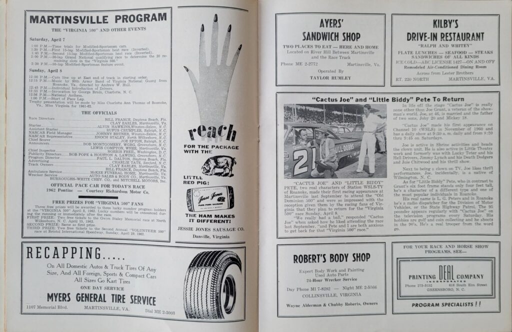 1962 NASCAR Martinsville Virginia 500 Program - Event Schedule