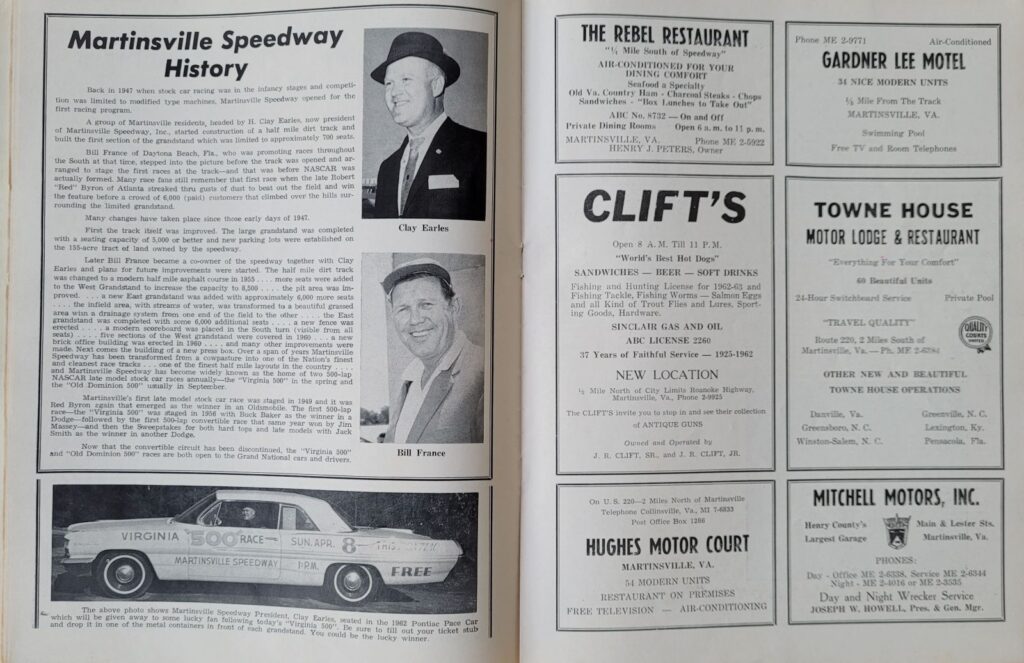 1962 NASCAR Martinsville Virginia 500 Program - Speedway History