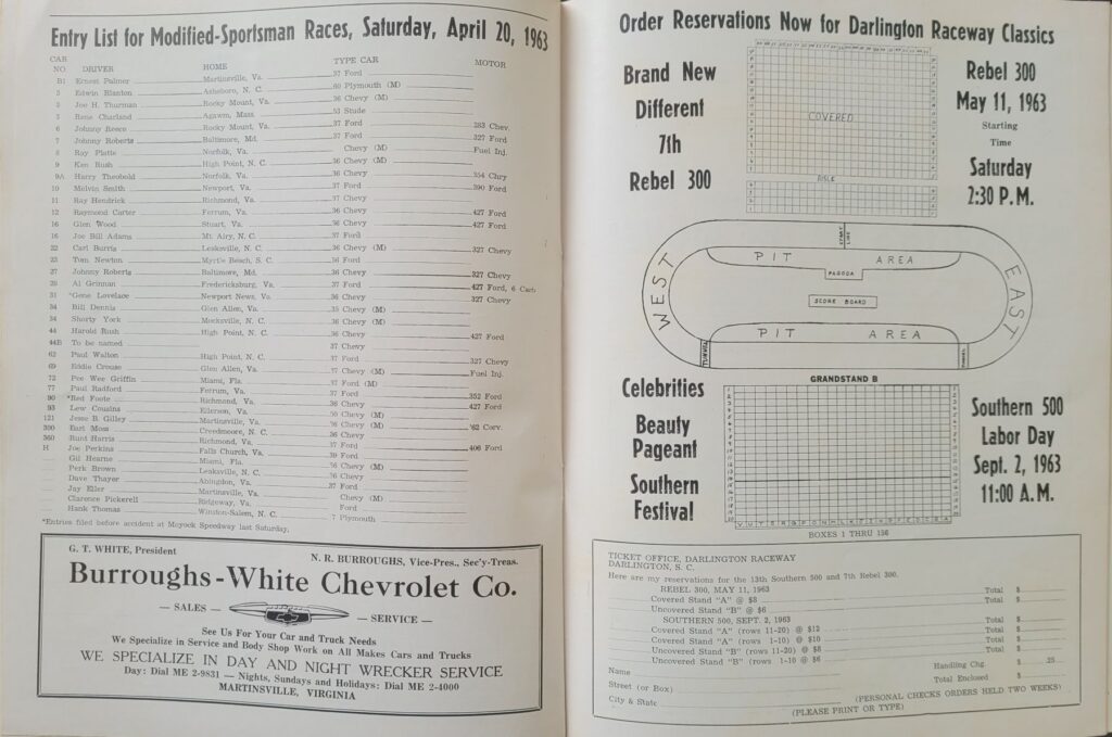 1963 NASCAR Martinsville Virginia 500 Program - Modified Sportsman Entries