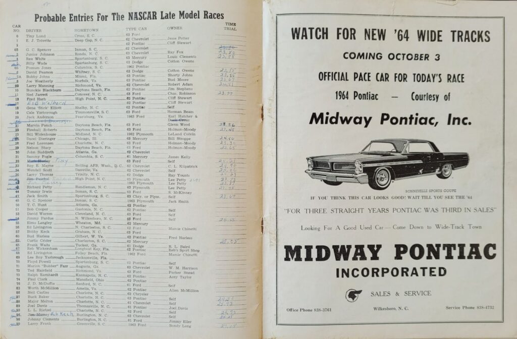 1963 NASCAR North Wilkesboro Wilkes 250 Program - Probable Entries