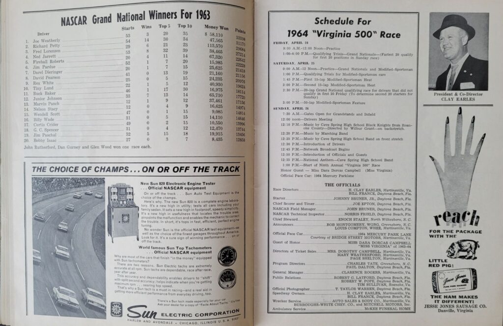 1964 NASCAR Martinsville Virginia 500 Program - Schedule