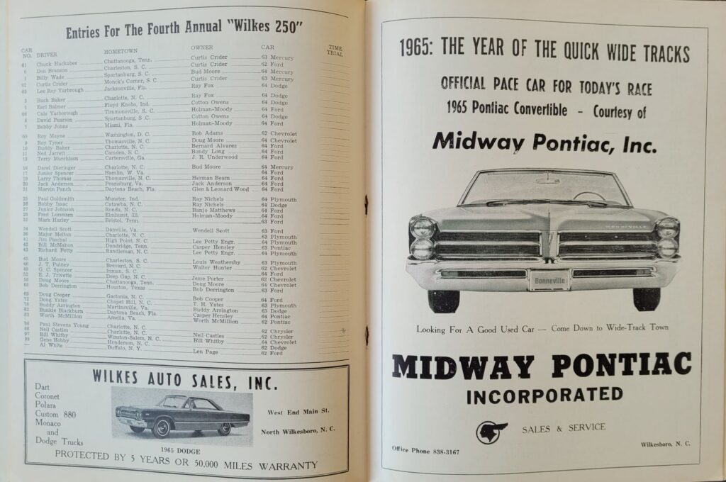 1964 NASCAR North Wilkesboro Wilkes 250 Program - Probable Entries
