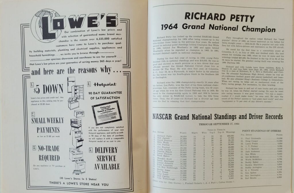 1964 NASCAR North Wilkesboro Wilkes 250 Program - Richard Petty