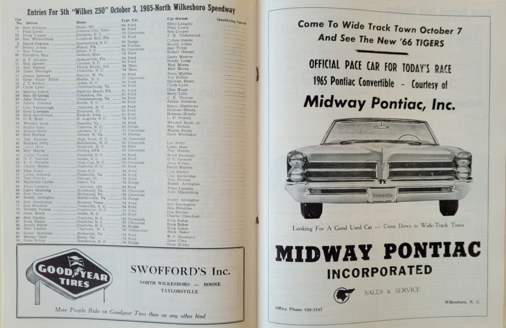 1965 NASCAR North Wilkesboro Wilkes 250 Program - Probable Entries