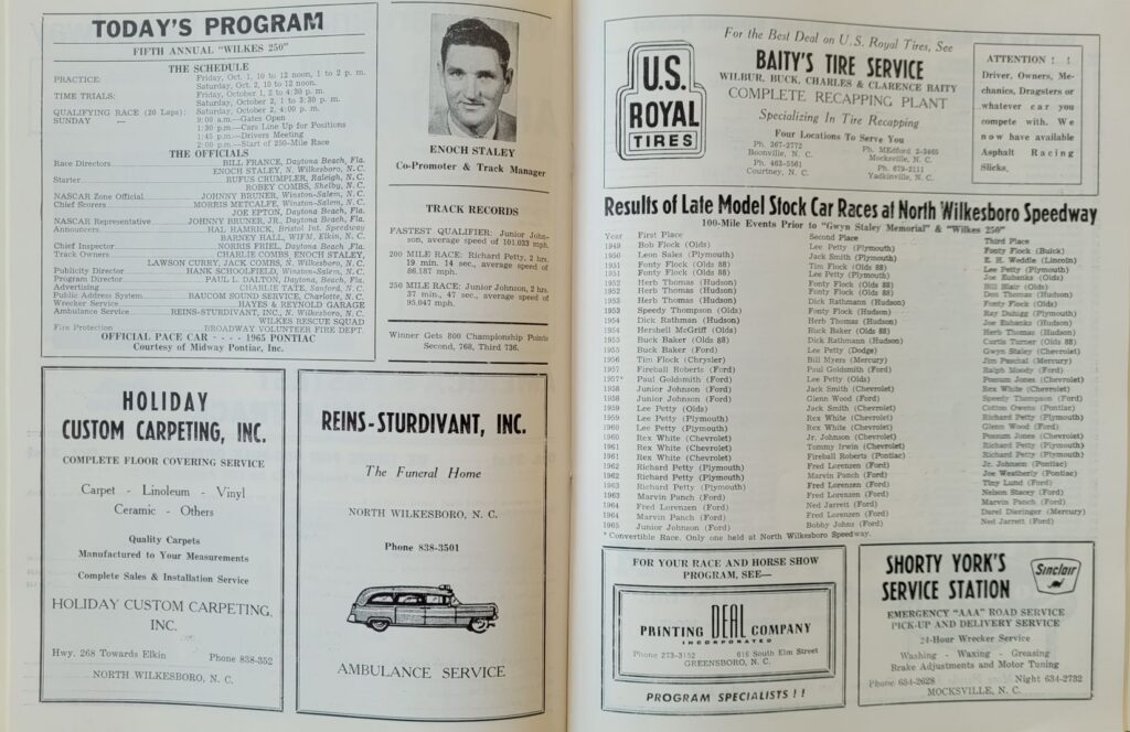 1965 NASCAR North Wilkesboro Wilkes 250 Program - Today's Program
