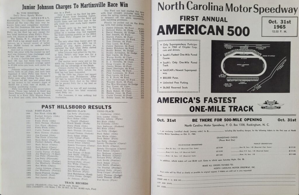 1965 NASCAR Orange Speedway October Program - Past Hillsboro Results