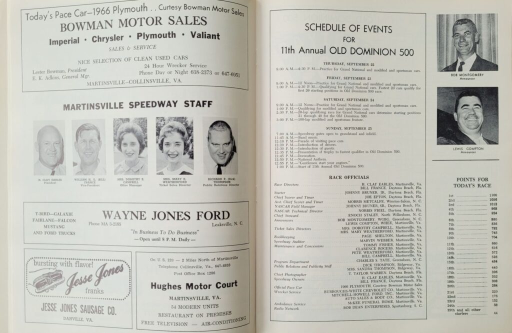 1966 NASCAR Martinsville Old Dominion 500 Program - Schedule of Events