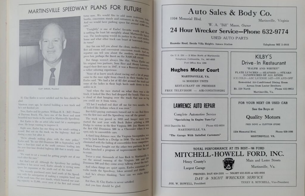 1966 NASCAR Martinsville Virginia 500 Program - Martinsville Plans for Future