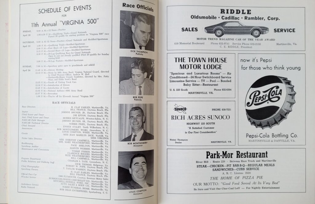 1966 NASCAR Martinsville Virginia 500 Program - Schedule of Events