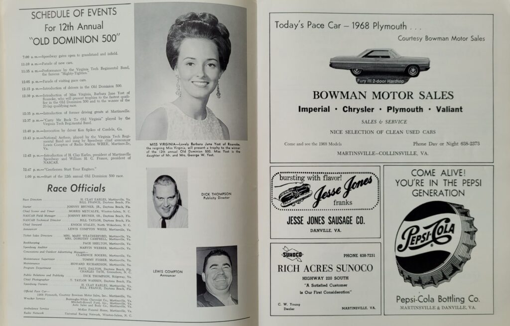 1967 NASCAR Martinsville Old Dominion 500 Program - Schedule of Events
