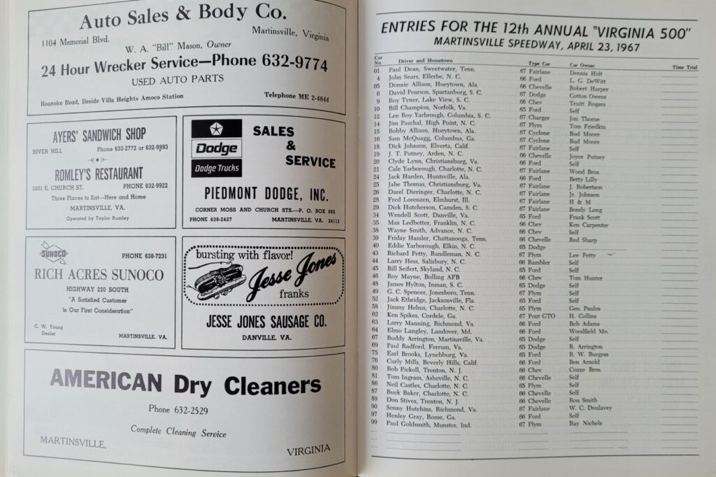 1967 NASCAR Martinsville Virginia 500 Program - Probable Entries