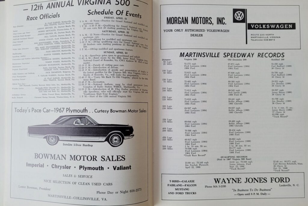 1967 NASCAR Martinsville Virginia 500 Program - Schedule of Events