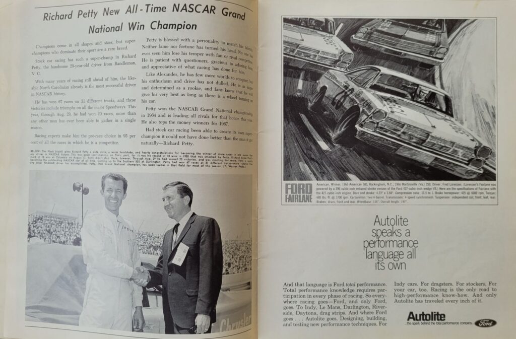 1967 NASCAR North Wilkesboro Wilkes 400 Program - Richard Petty Win Champion