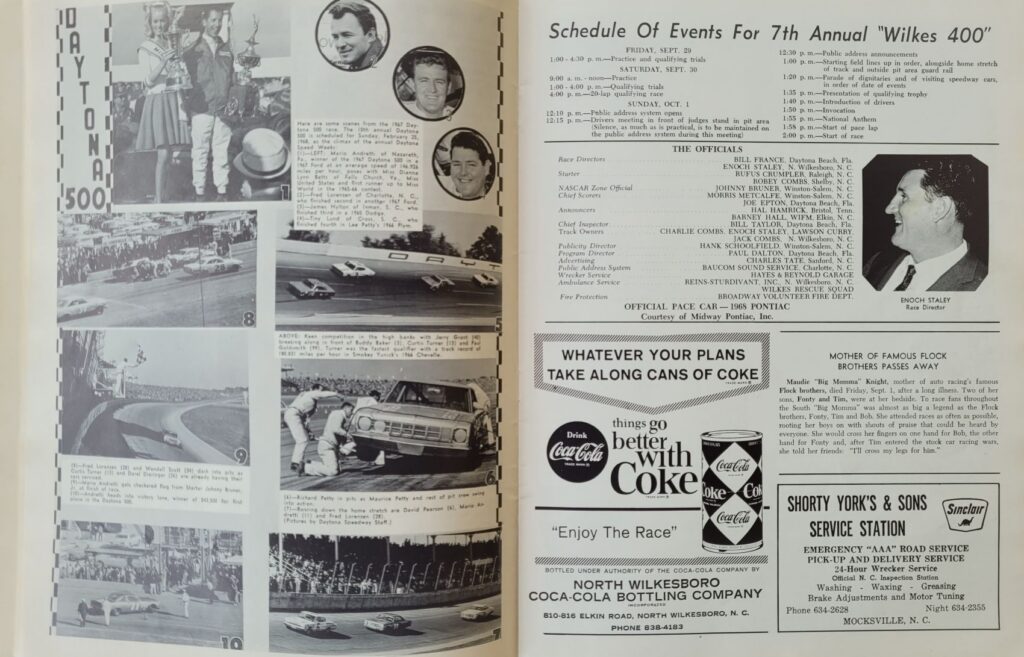 1967 NASCAR North Wilkesboro Wilkes 400 Program - Schedule of Events