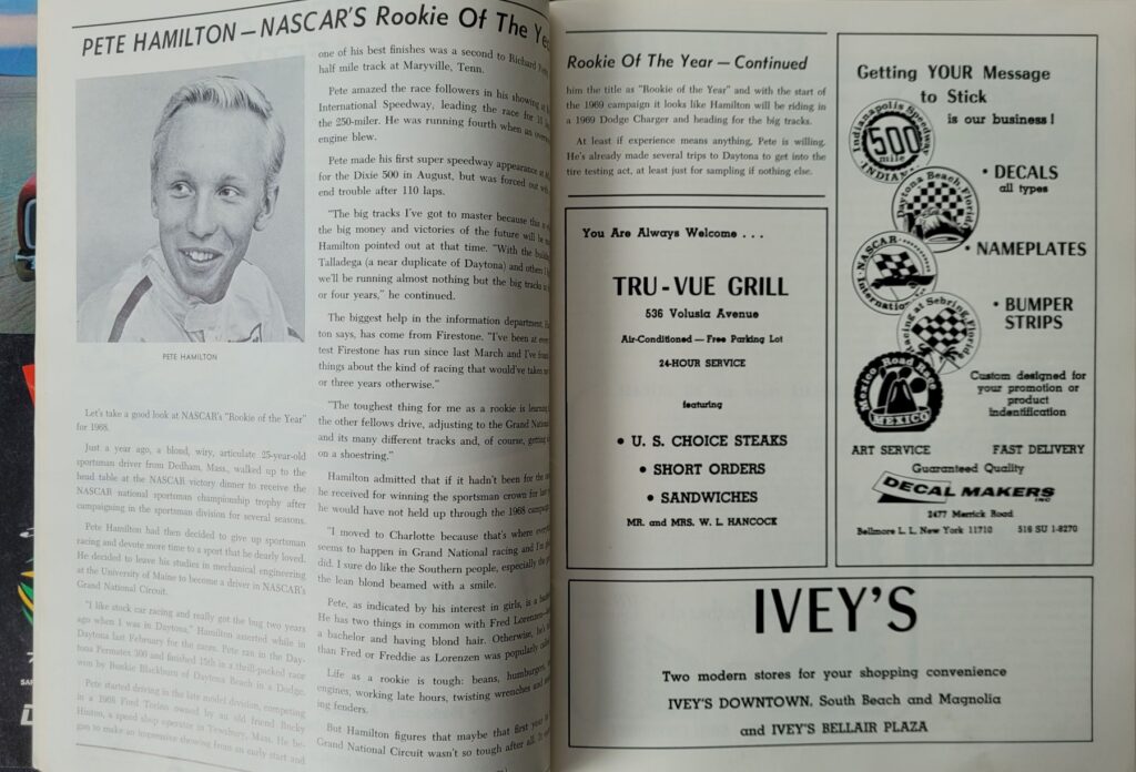 1969 NASCAR Daytona 500 Program - Pete Hamilton ROY