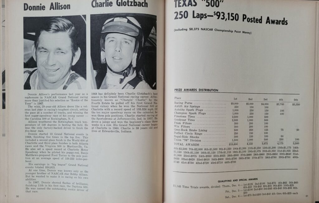 1969 NASCAR Texas World Texas 500 Program - Posted Awards