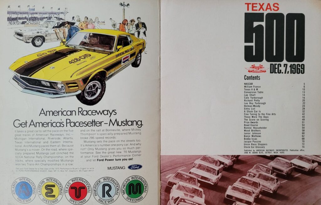 1969 NASCAR Texas World Texas 500 Program - Table of Contents