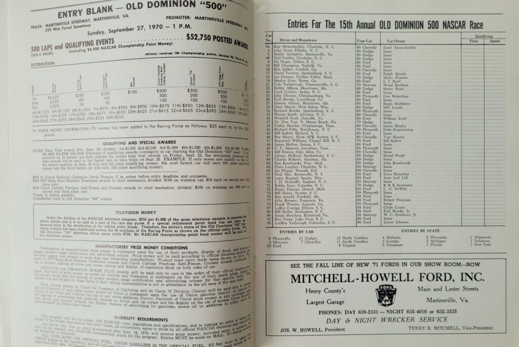 1970 NASCAR Martinsville Old Dominion 500 Program - Entry Blank and Entries