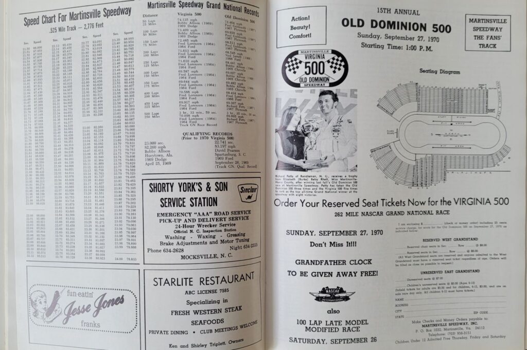 1970 NASCAR Martinsville Virginia 500 Program - Martinsville Records