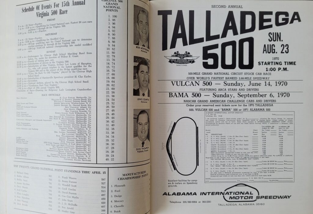 1970 NASCAR Martinsville Virginia 500 Program - Schedule of Events