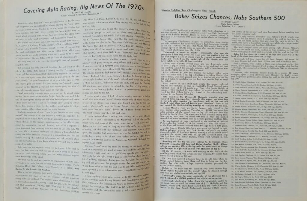 1970 NASCAR North Wilkesboro Wilkes 400 Program - Southern 500