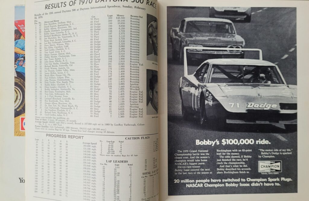 1971 NASCAR Daytona 500 Program - 1970 Daytona 500 Results