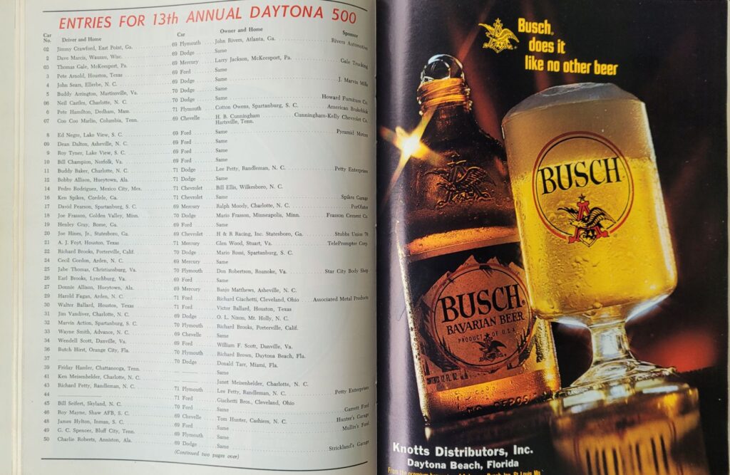 1971 NASCAR Daytona 500 Program - Daytona 500 Entries