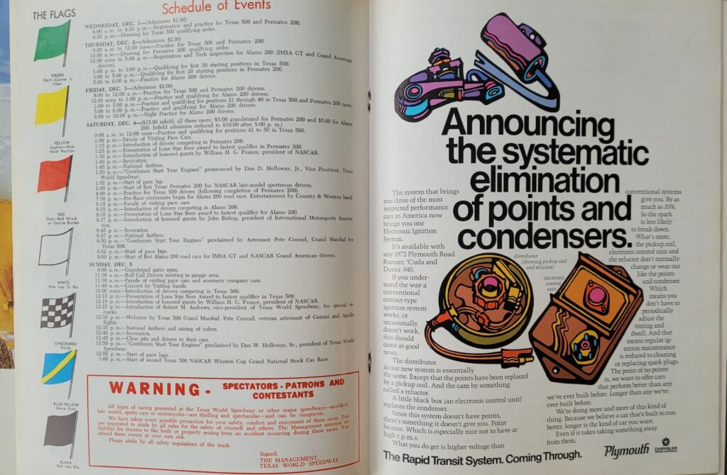 1971 NASCAR Texas World Texas 500 Program - Schedule of Events