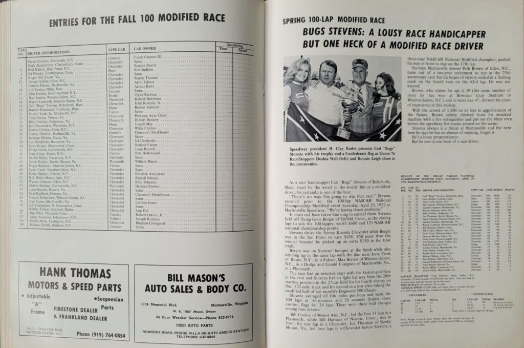 1972 NASCAR Martinsville Old Dominion 500 Program - Schedule of Events