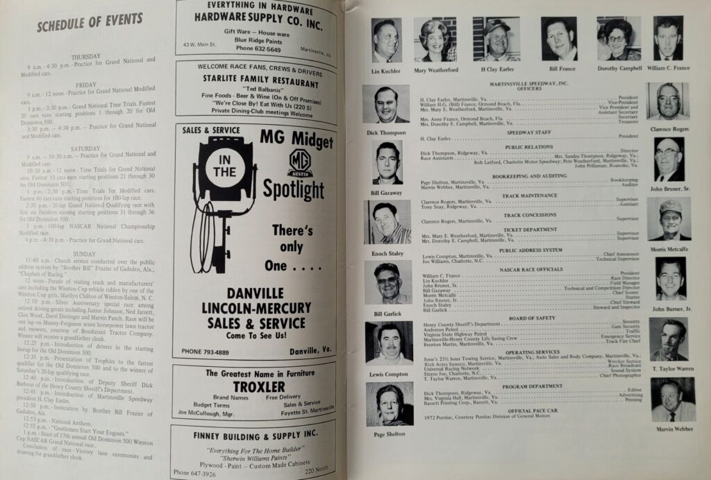 1972 NASCAR Martinsville Old Dominion 500 Program - Schedule of Events