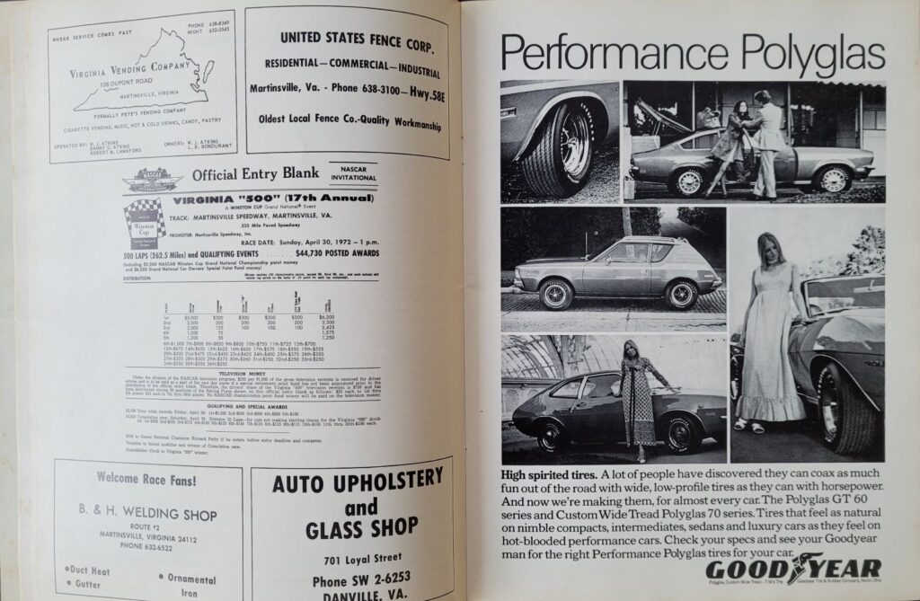 1972 NASCAR Martinsville Virginia 500 Program - Entry Blank