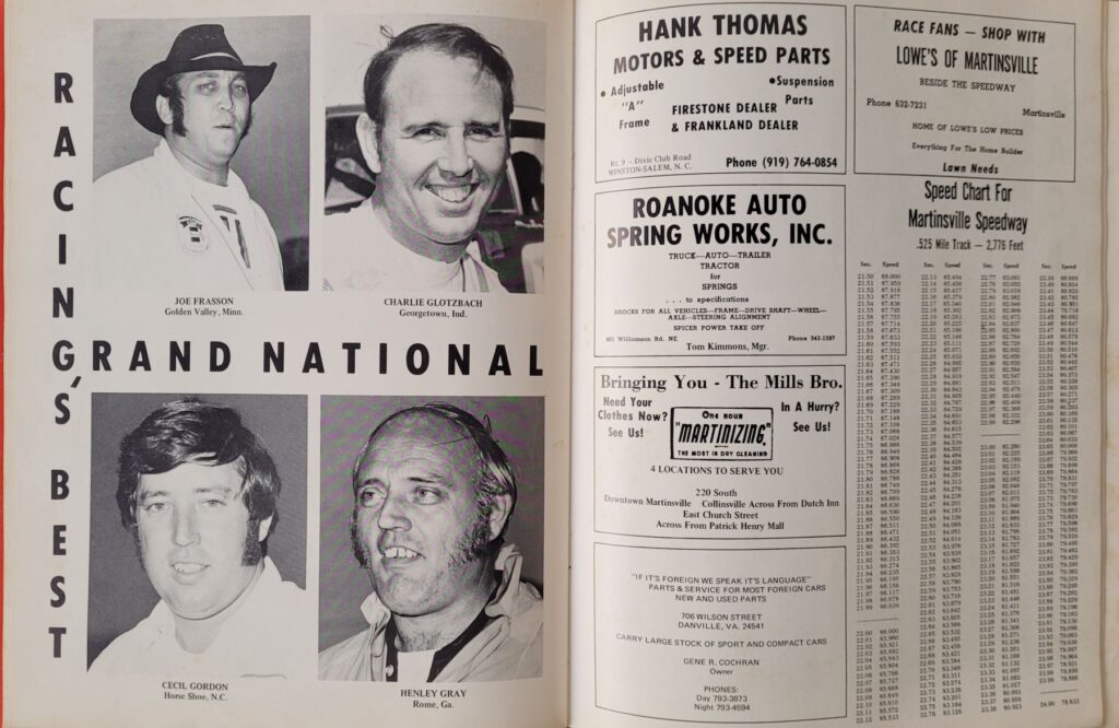 1972 NASCAR Martinsville Virginia 500 Program - Speed Chart