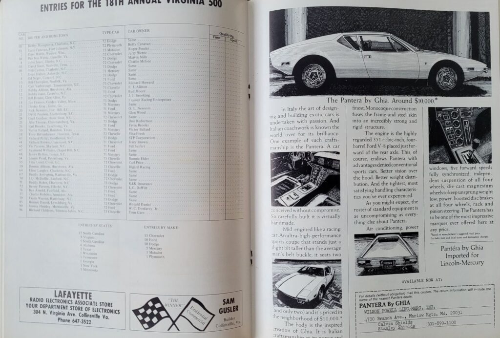 1973 NASCAR Martinsville Virginia 500 Program - Entries