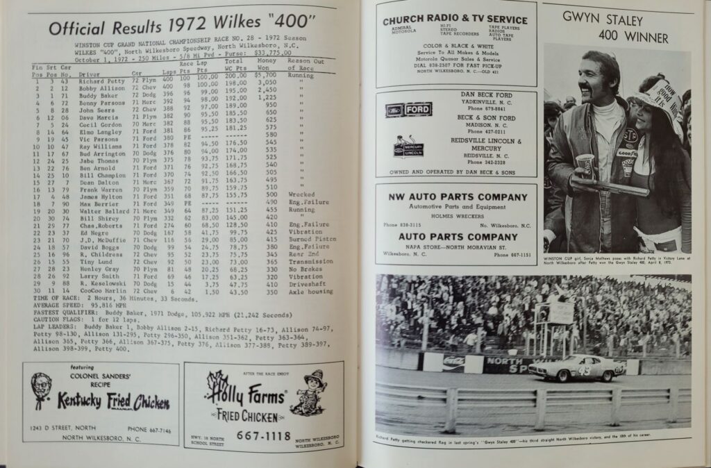 1973 NASCAR North Wilkesboro Wilkes 400 Program - 1972 Wilkes 400 Results
