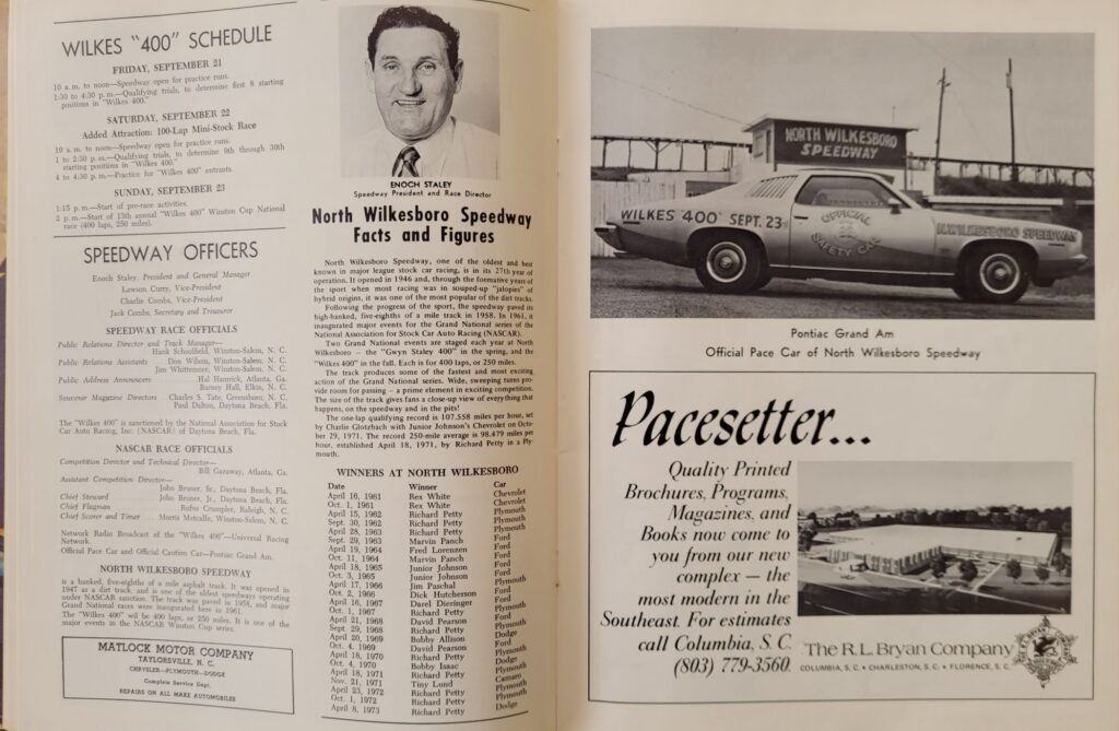 1973 NASCAR North Wilkesboro Wilkes 400 Program - Event Schedule