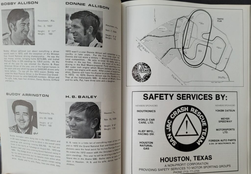 1973 NASCAR Texas World Alamo 500 Program - Drivers
