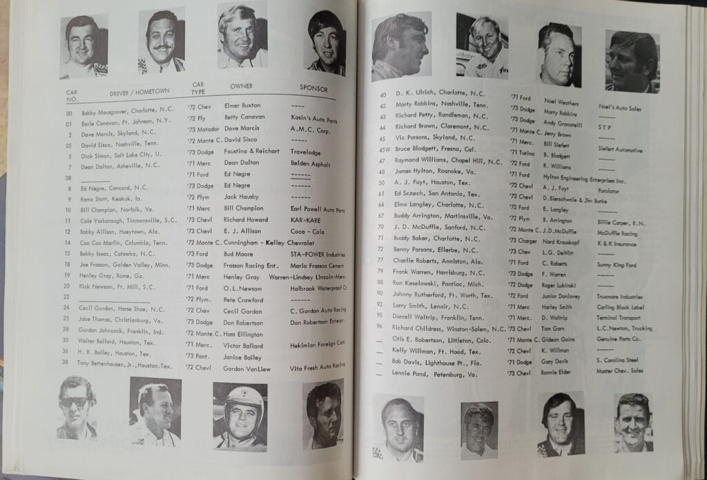 1973 NASCAR Texas World Alamo 500 Program - Entry List