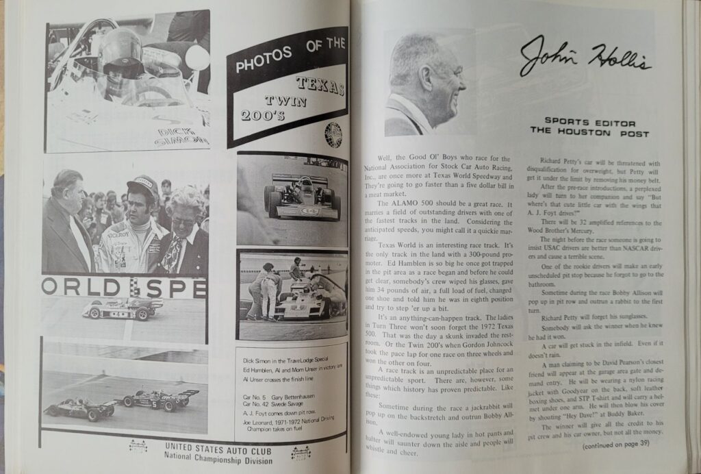 1973 NASCAR Texas World Alamo 500 Program - USAC Photos